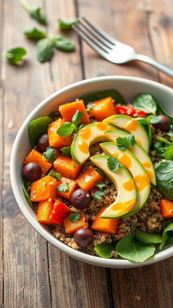 A colorful quinoa harvest bowl with roasted vegetables, fresh spinach, and avocado on a wooden table.
